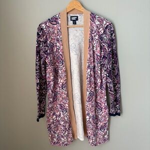 LANDS' END Long Cardigan Sweater Ivory Paisley Purple Size M 10-12 Petite Womens